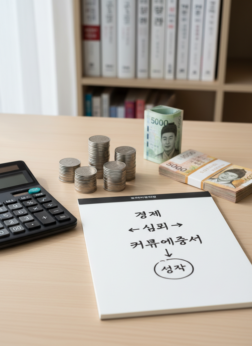 A close-up of an elegant, minimalist desk setup symbolizing strategic financial planning: a matte black calculator, stacks of neatly arranged Korean won coins and banknotes, and a crisp white notepad filled with hand-drawn arrows linking “경제,” “심리,” and “커뮤니케이션.” Everything rests on a smooth light-wood desk, with a subtle out-of-focus bookshelf of economics and psychology books in the background. Soft, diffused daylight from the left casts balanced, professional lighting, creating clean edges and gentle shadows. Shot from a slightly elevated angle in photographic realism, the composition follows the rule of thirds, giving a calm, analytical mood that reflects thoughtful asset growth and clear communication.