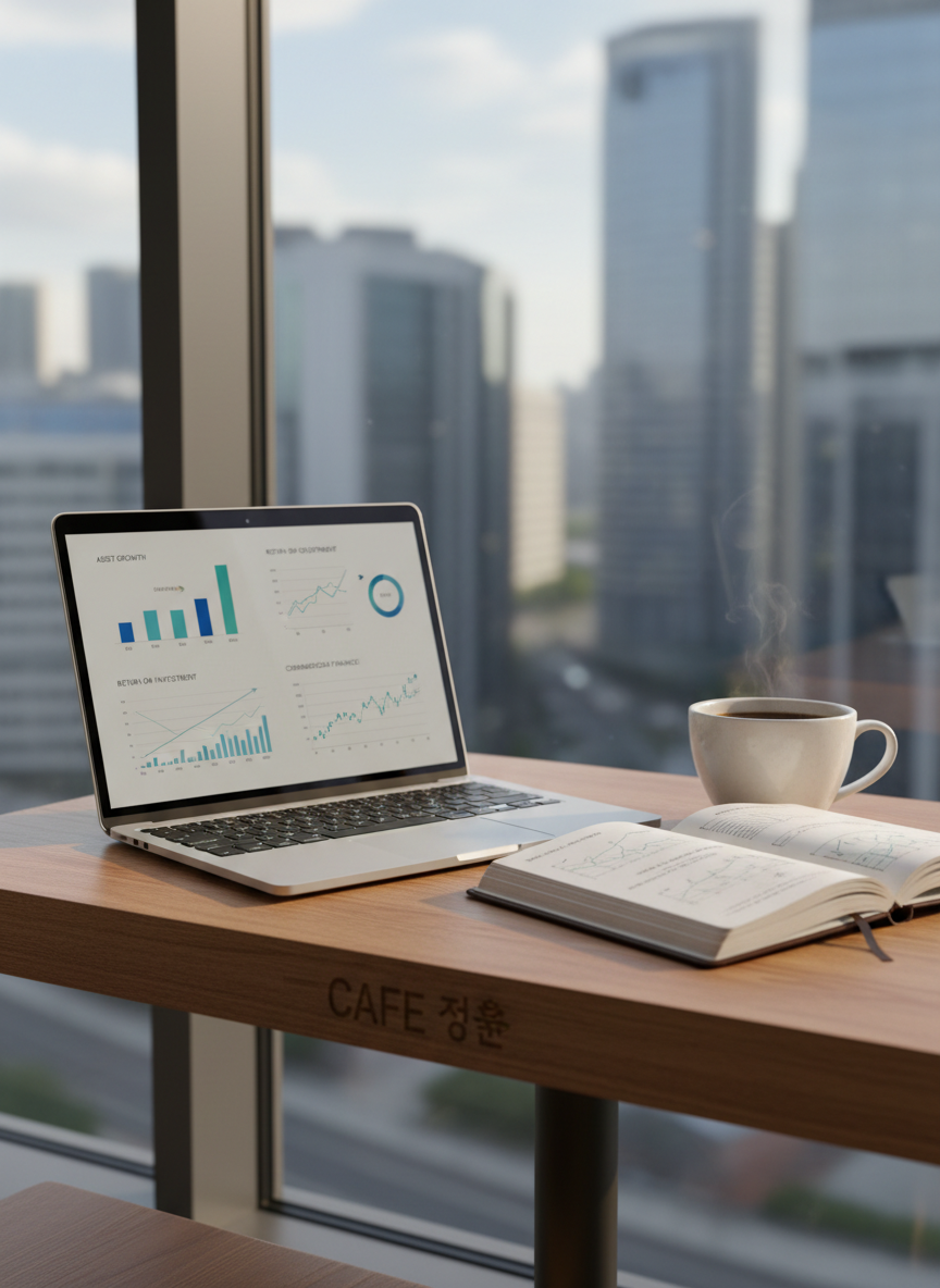 A meticulously arranged wooden cafe table representing “Cafe 정훈,” topped with a sleek silver laptop displaying a clean financial dashboard, a leather-bound journal open to neatly written asset growth charts, and a simple ceramic mug of black coffee with a soft sheen. The table sits beside a large window overlooking a softly blurred modern cityscape, hinting at economic activity. Morning natural light spills across the surface, creating gentle highlights on the laptop edge and coffee rim, with calm shadows under the objects. Photographic realism, eye-level composition, and a shallow depth of field emphasize focus and clarity, conveying a professional yet cozy atmosphere ideal for reading about finance, psychology, and communication.